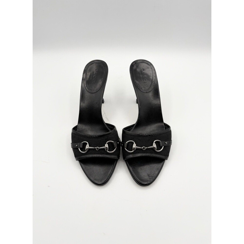 Gucci Black Leather Mules Canvas GG Logo Silver Horsebit Heels Y2K Size EU 35.5 - Picture 2 of 14